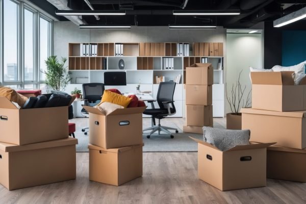 A modern office space with unpacked boxes, symbolizing relocation and transition